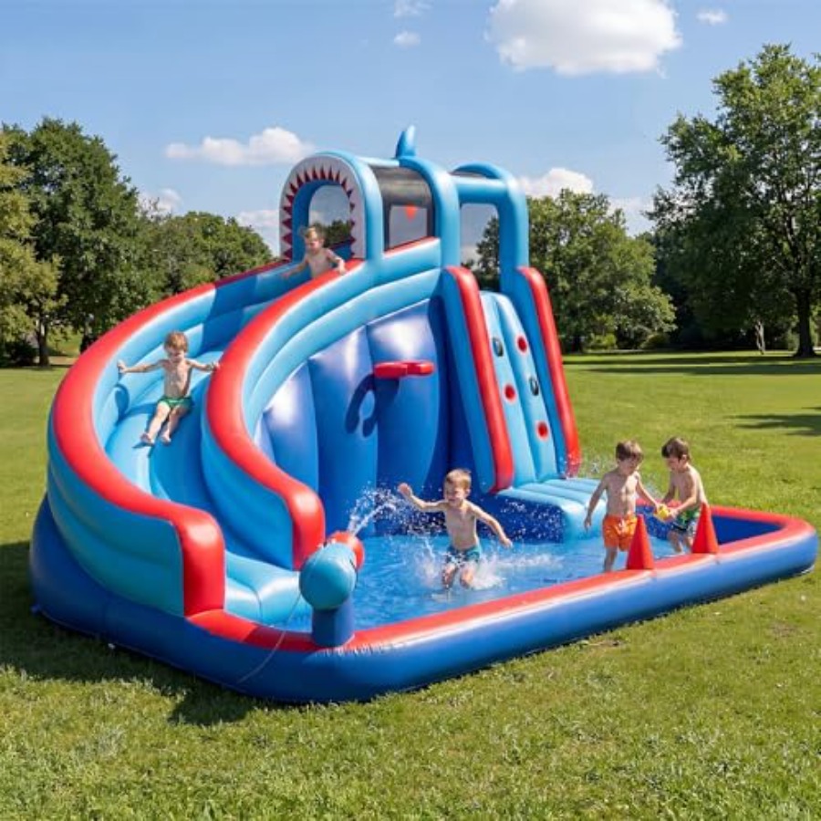 Water Slide Inflatable - 450W 송풍기, PVC 소재, 파란색과 노란색,