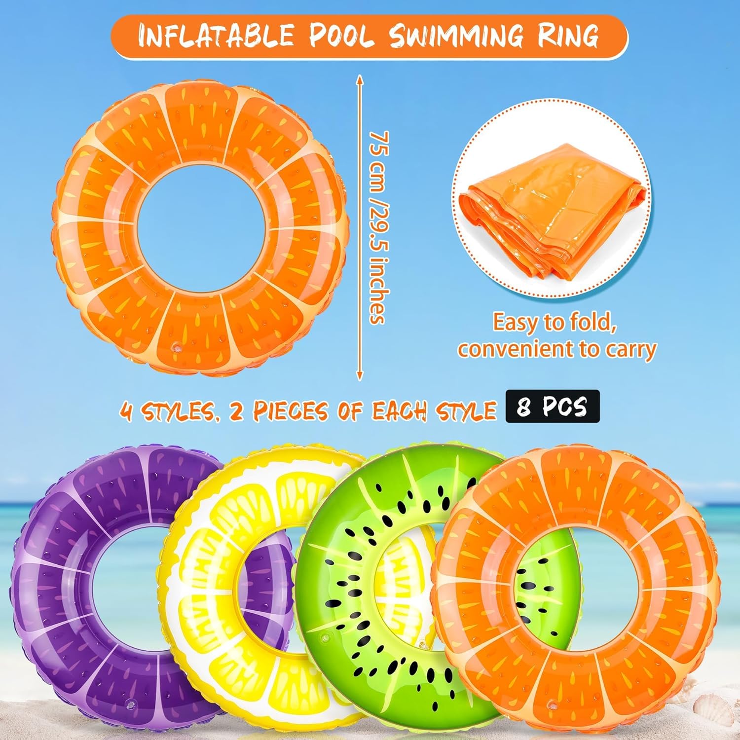 8개들이 과일 디자인(오렌지, 레몬, 포도, 키위) 2 - Pool Float Ring Inflatable 리뷰 및 가격